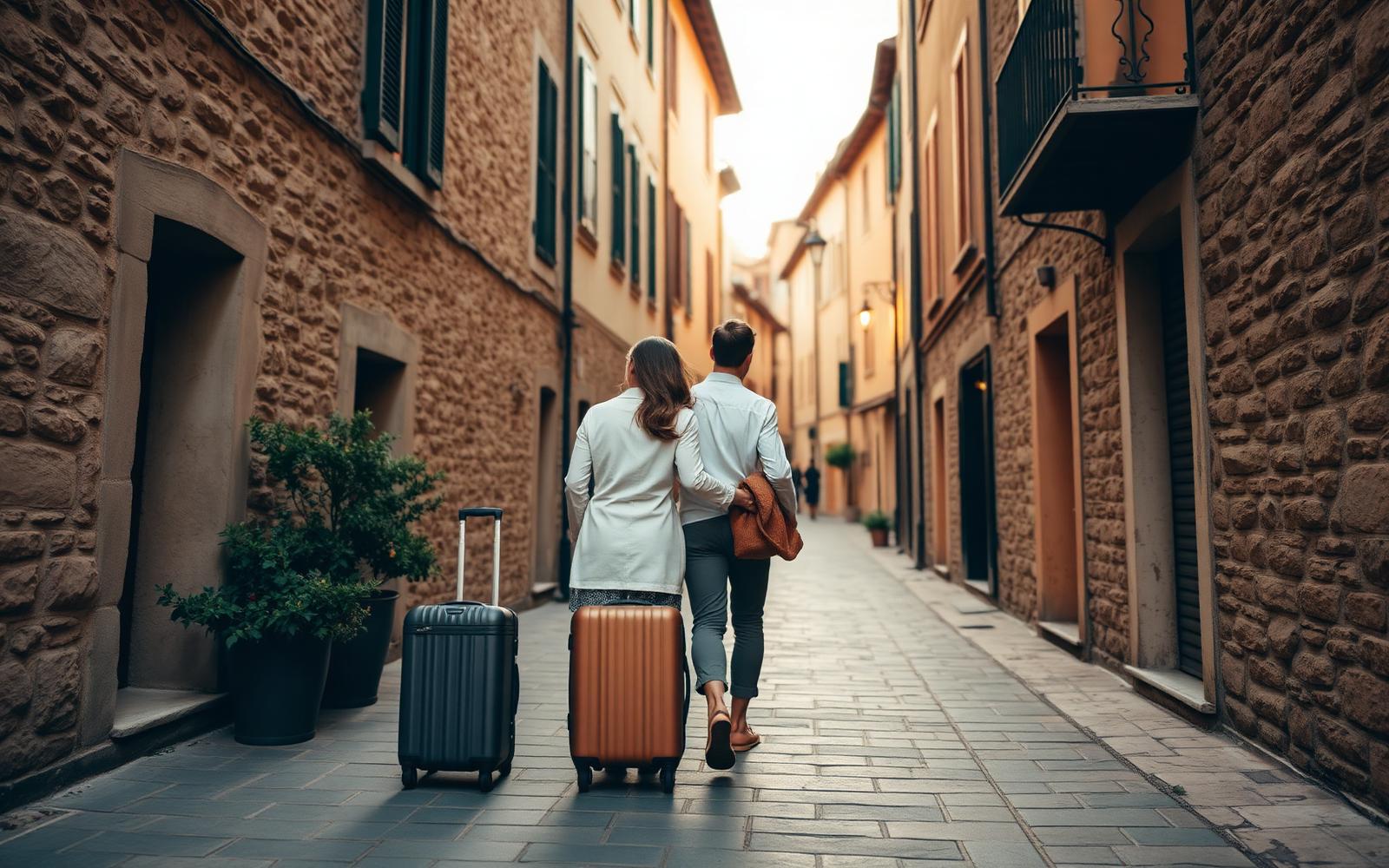 Couple arriving in an Italian village