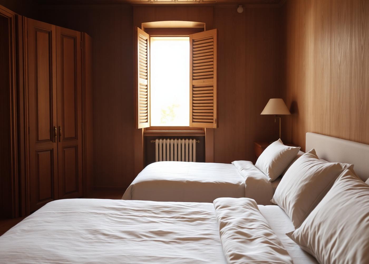 Hotel room interior with warm oak and linen