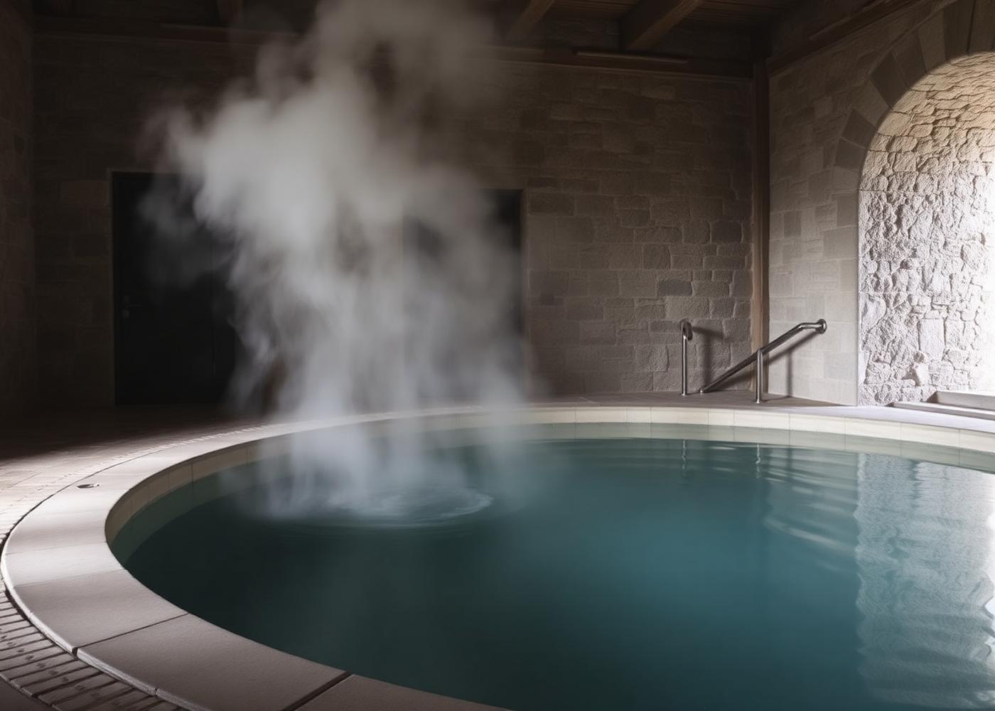 Thermal pool with rising steam in a historic stone spa
